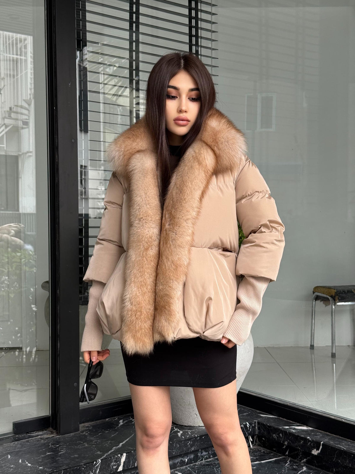 Beige Puffer Coat, Women’s Handmade Short Front Fox Fur Jacket