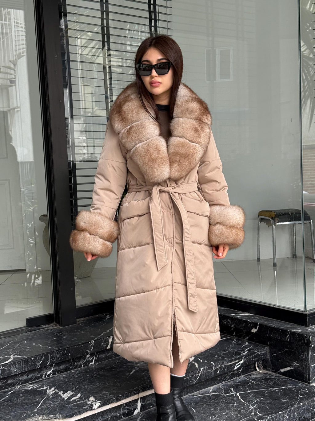 Beige Puffer Coat, Women’s Handmade Long Collar Cuffs Fox Fur Jacket