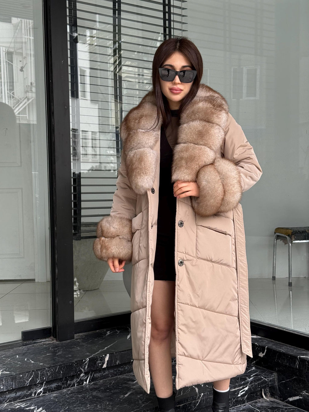 Beige Puffer Coat, Women’s Handmade Long Collar Cuffs Fox Fur Jacket