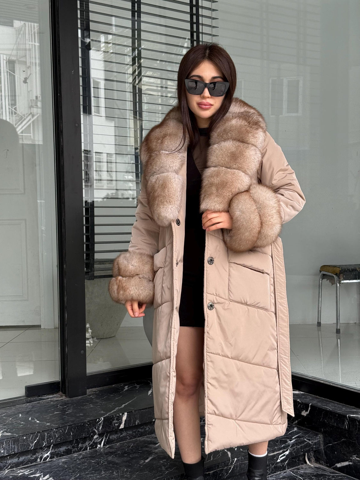 Beige Puffer Coat, Women’s Handmade Long Collar Cuffs Fox Fur Jacket