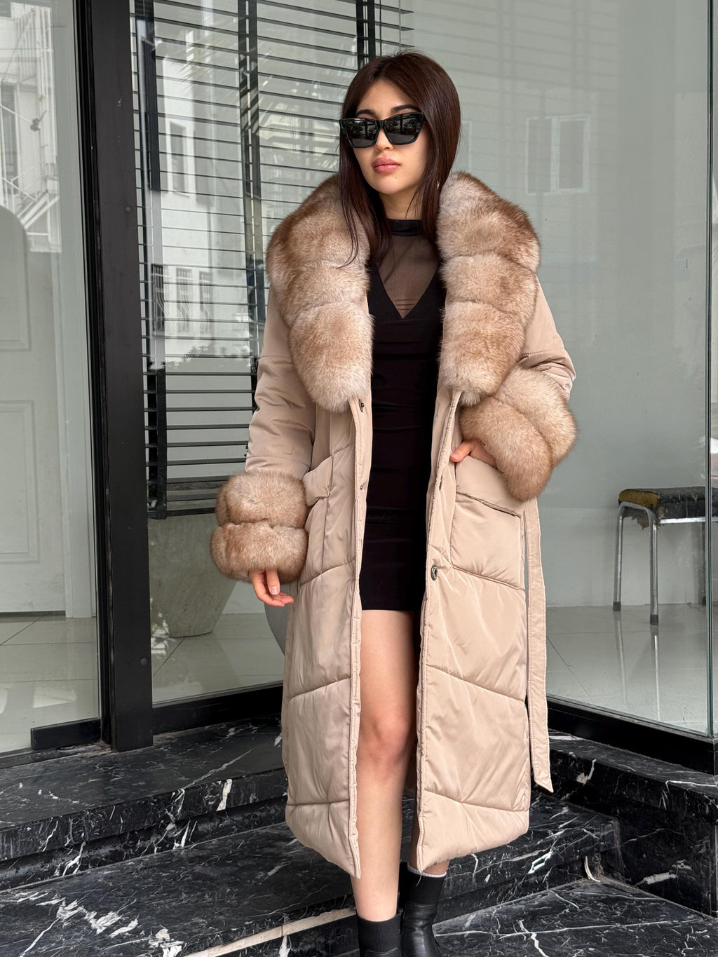 Beige Puffer Coat, Women’s Handmade Long Collar Cuffs Fox Fur Jacket