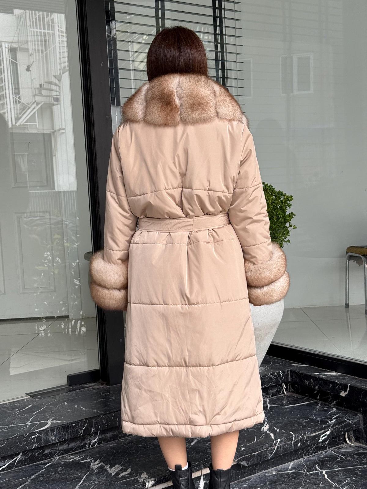Beige Puffer Coat, Women’s Handmade Long Collar Cuffs Fox Fur Jacket
