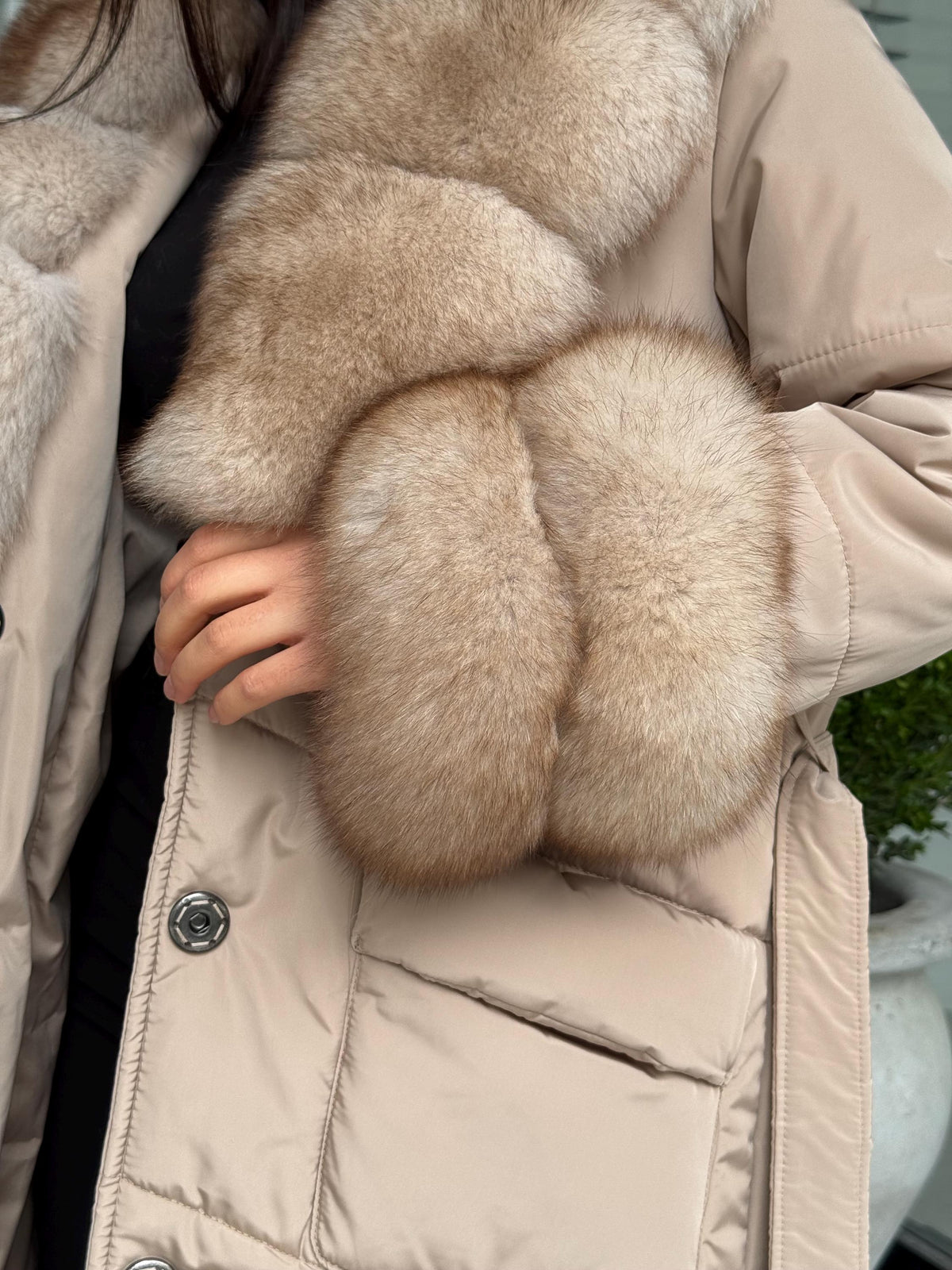 Beige Puffer Coat, Women’s Handmade Long Collar Cuffs Fox Fur Jacket