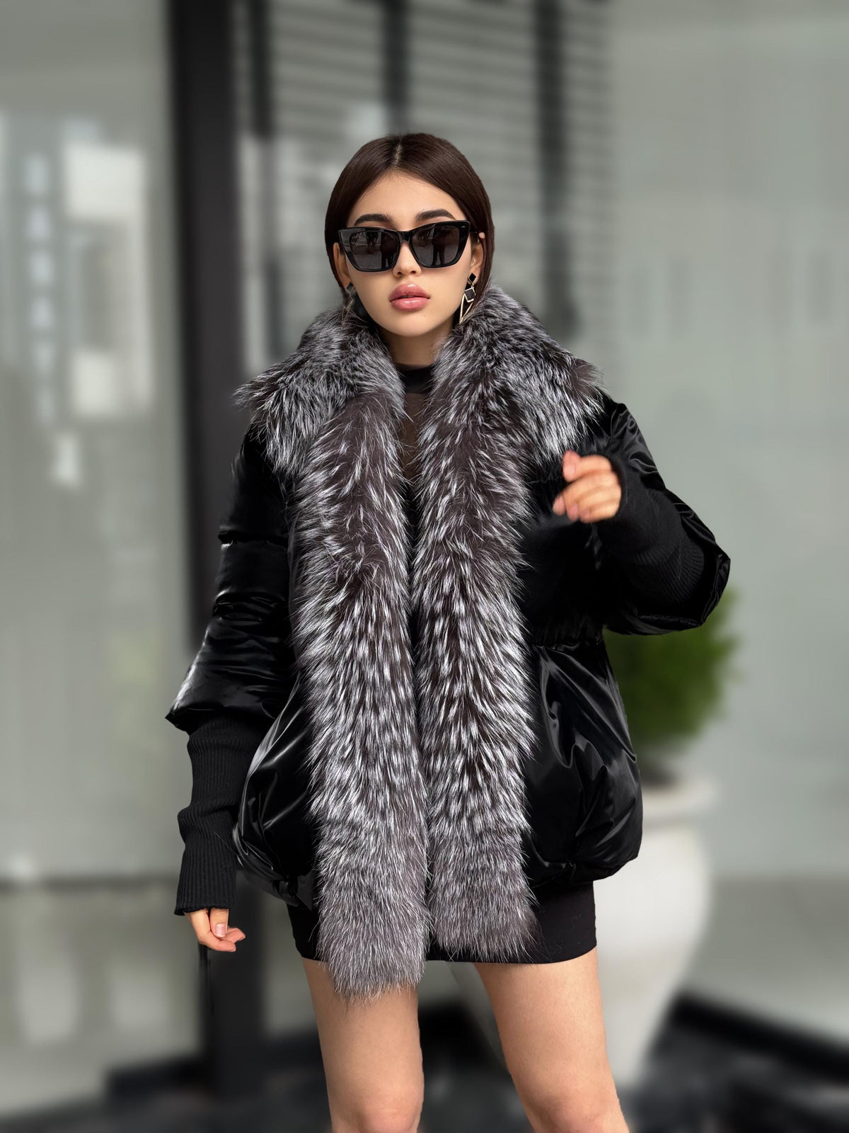 Glam Black Puffer Coat, Women’s Handmade Short Front Fox Fur Jacket