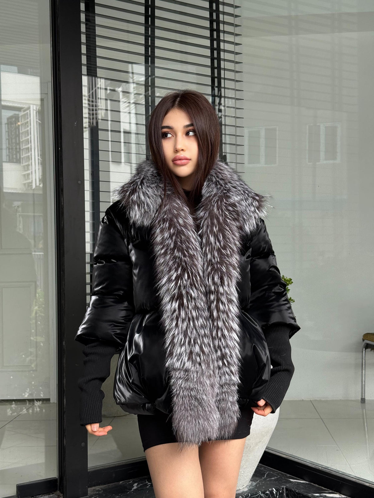 Glam Black Puffer Coat, Women’s Handmade Short Front Fox Fur Jacket