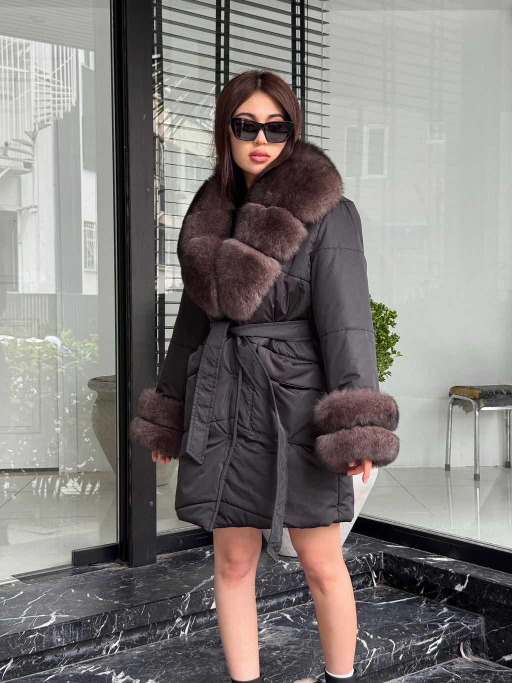 Black Puffer Coat, Women’s Handmade Short Collar Cuffs Fox Fur Jacket