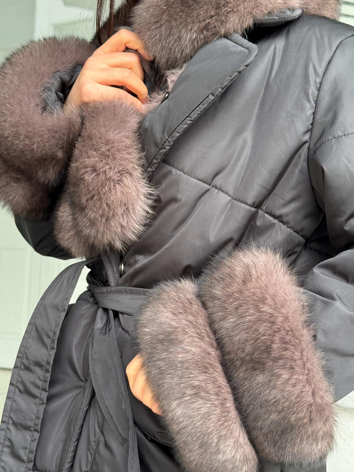 Black Puffer Coat, Women’s Handmade Short Collar Cuffs Fox Fur Jacket