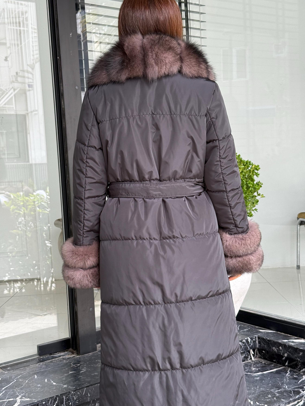 Black Puffer Coat, Women’s Handmade Long Collar Cuffs Fox Fur Jacket