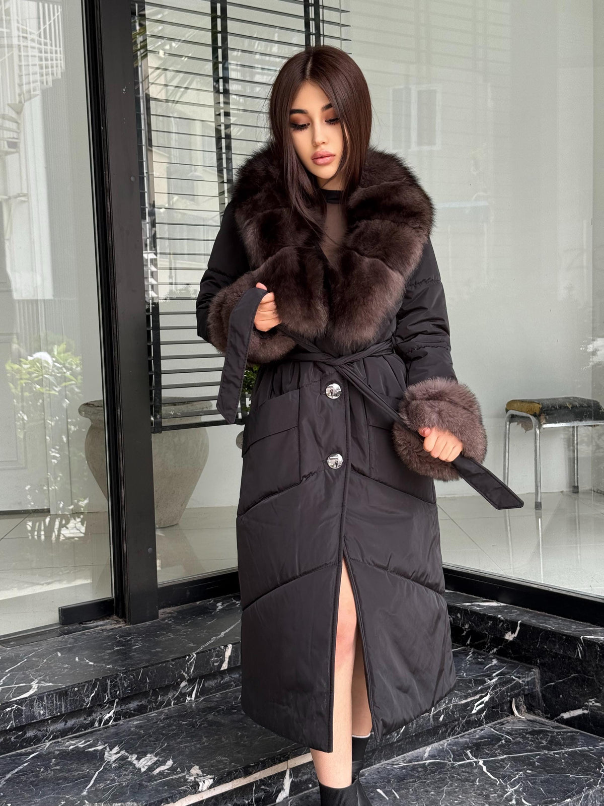 Black Puffer Coat, Women’s Handmade Long Collar Cuffs Fox Fur Jacket
