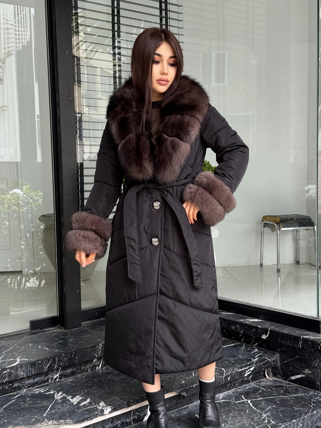 Black Puffer Coat, Women’s Handmade Long Collar Cuffs Fox Fur Jacket