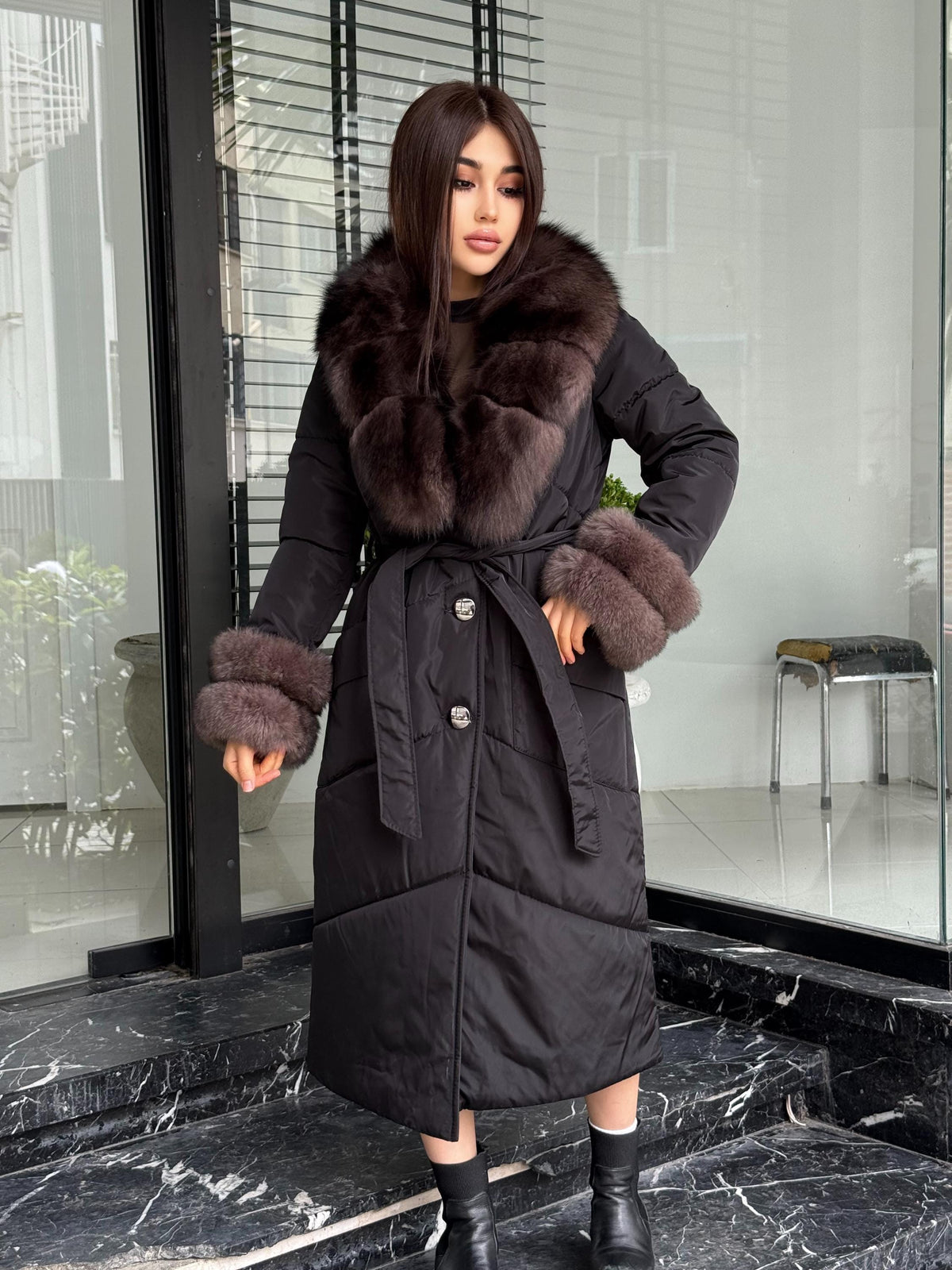 Black Puffer Coat, Women’s Handmade Long Collar Cuffs Fox Fur Jacket