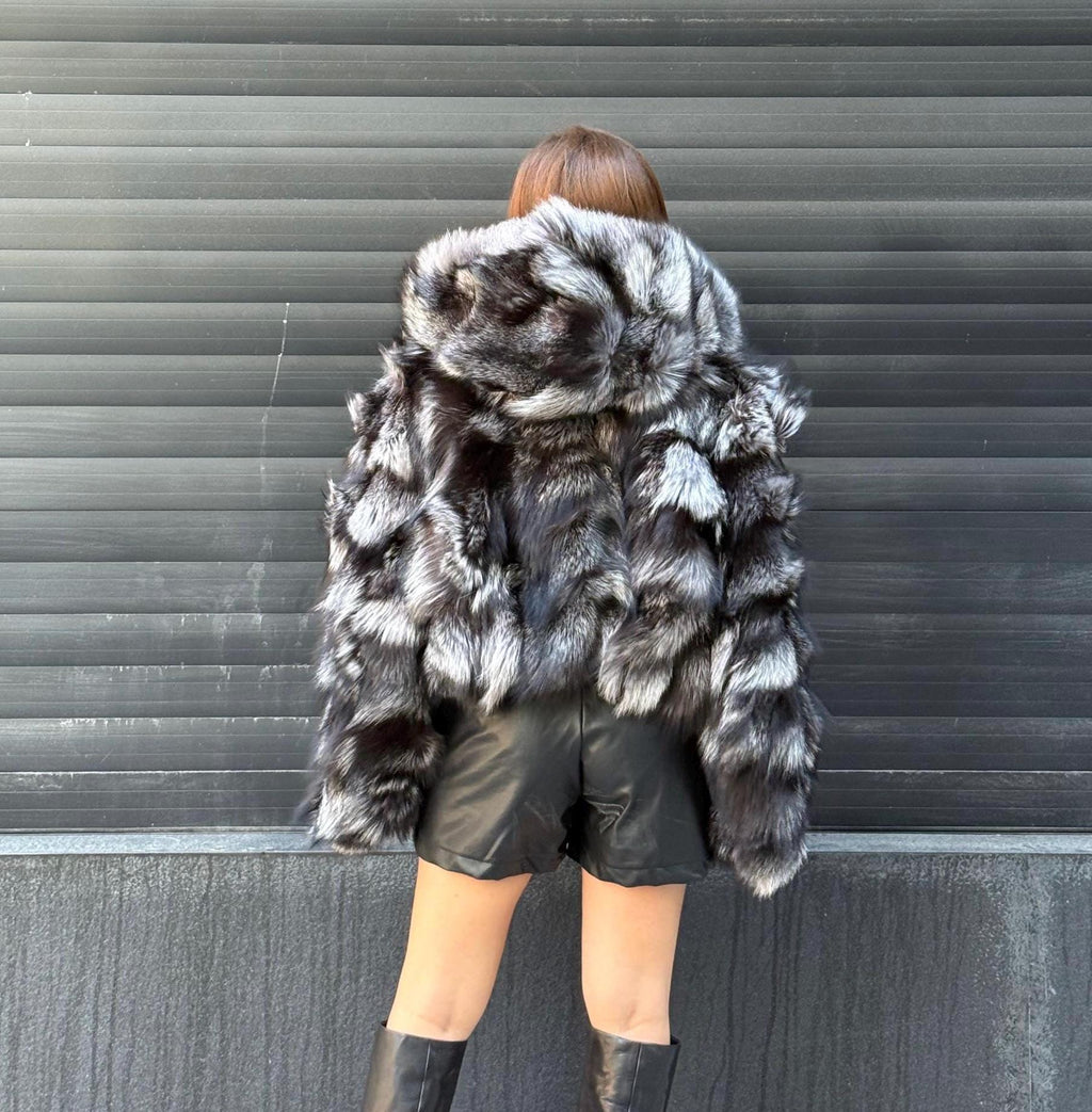 Women’s Silver Fox Fur Jacket, Luxury Handmade Frost Fox Fur Coat