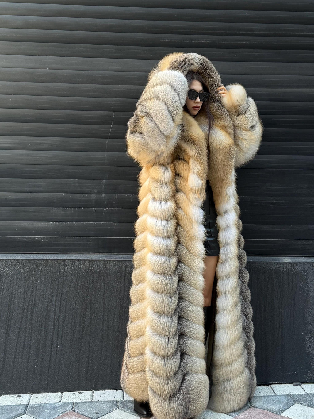 Luxury Long Gold Fox Fur Coat, Unisex Hooded Detachable Sleeves..- Fox Fur Jacket, Fox Coat Men, Women Fox Fur Jacket