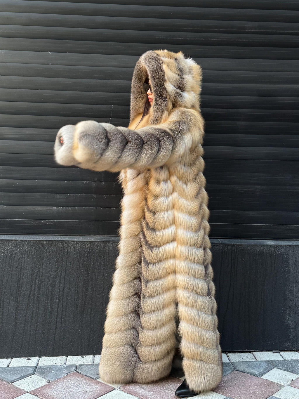 Luxury Long Gold Fox Fur Coat, Unisex Hooded Detachable Sleeves..- Fox Fur Jacket, Fox Coat Men, Women Fox Fur Jacket