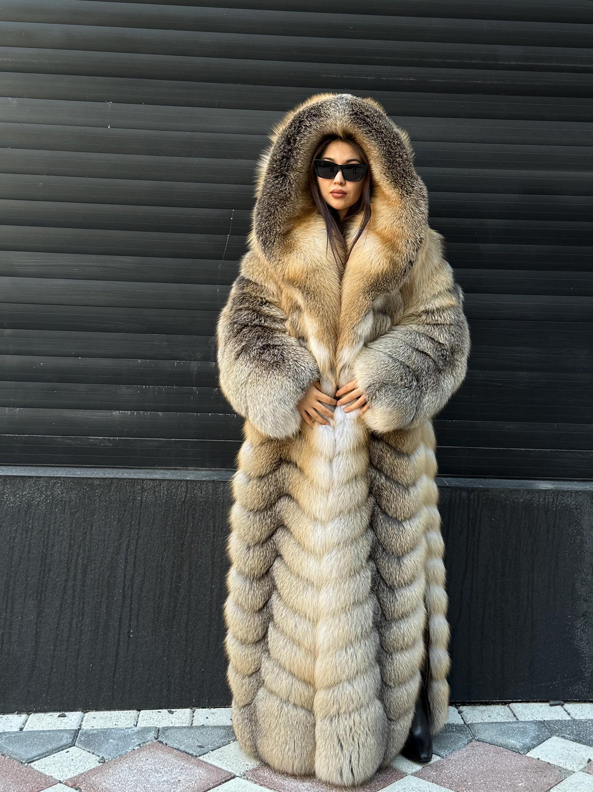 Luxury Long Gold Fox Fur Coat, Unisex Hooded Detachable Sleeves..- Fox Fur Jacket, Fox Coat Men, Women Fox Fur Jacket