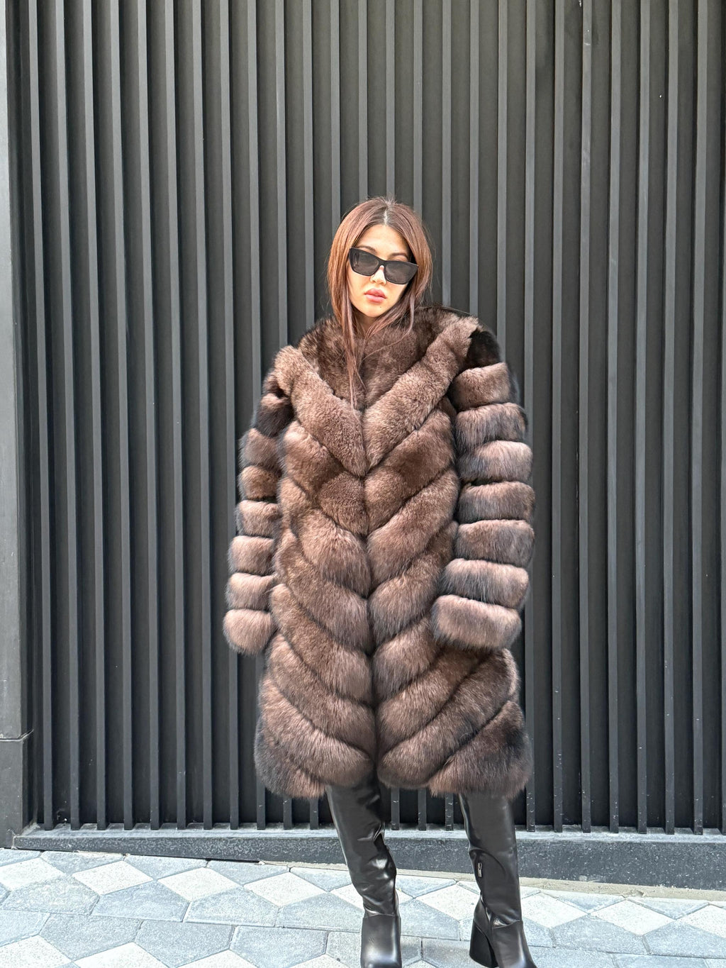 Brown Long Fox Fur Coat | 2 in 1 Handmade Fur Jacket & Vest With Removable Sleeves