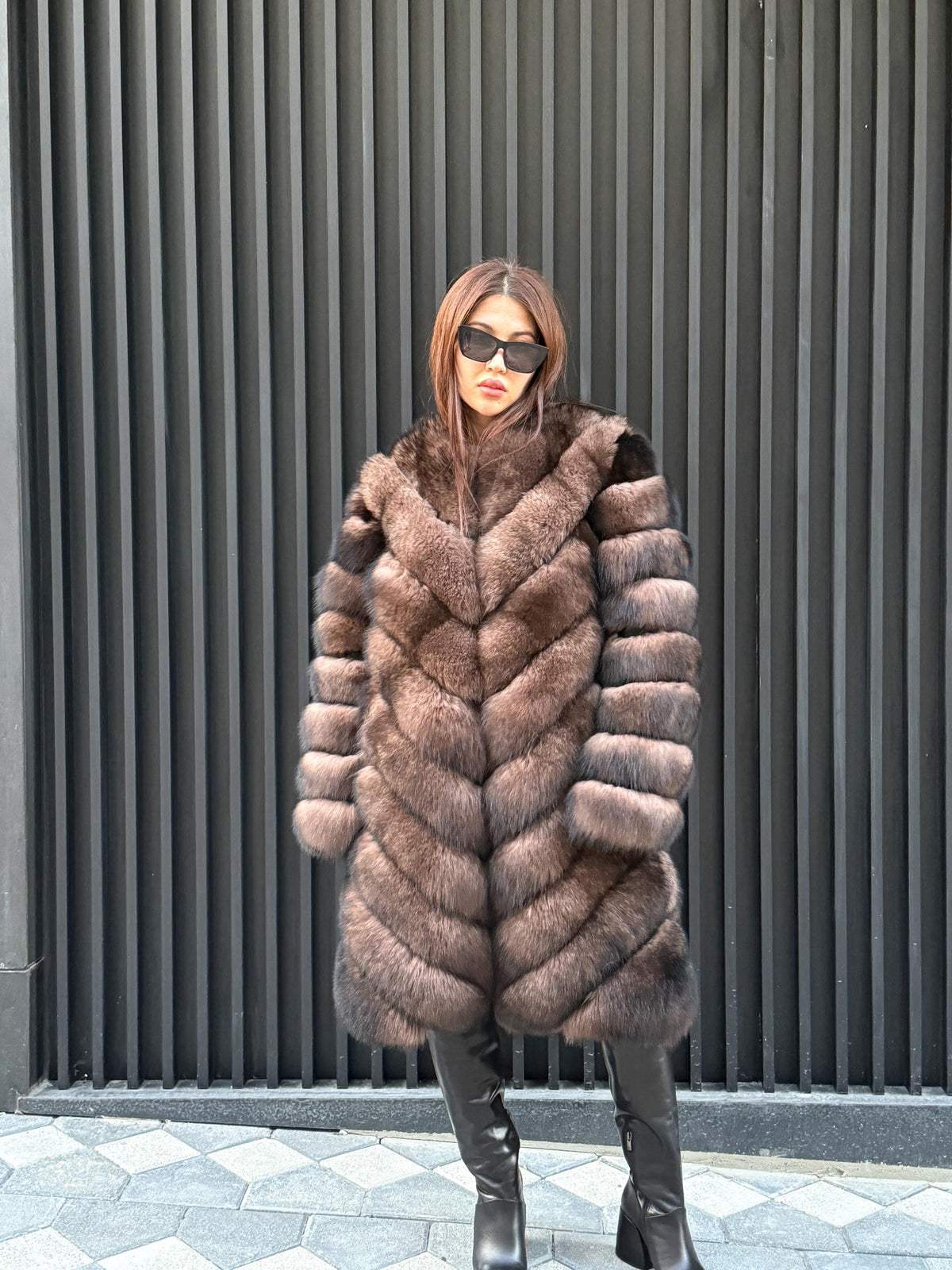 Brown Long Fox Fur Coat | 2 in 1 Handmade Fur Jacket & Vest With Removable Sleeves