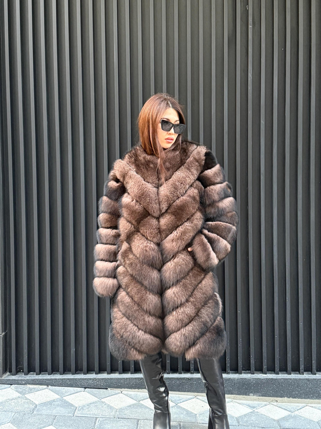 Brown Long Fox Fur Coat | 2 in 1 Handmade Fur Jacket & Vest With Removable Sleeves