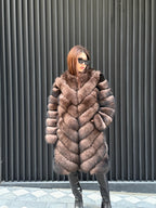 Brown Long Fox Fur Coat | 2 in 1 Handmade Fur Jacket & Vest With Removable Sleeves