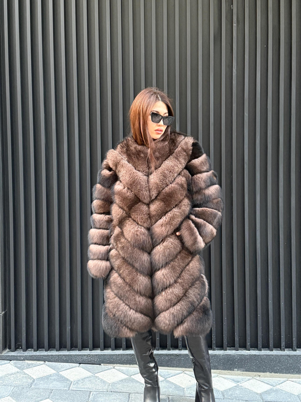 Brown Long Fox Fur Coat | 2 in 1 Handmade Fur Jacket & Vest With Removable Sleeves