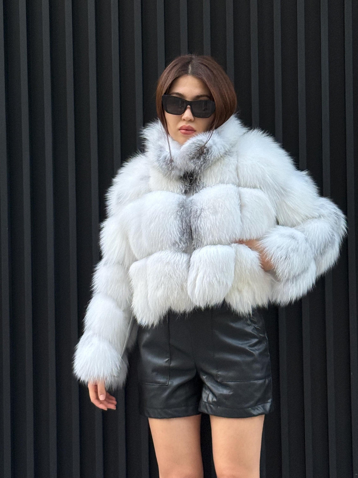 Women’s Arctic Fox Fur Jacket, Handmade Shadow White Fur Coat