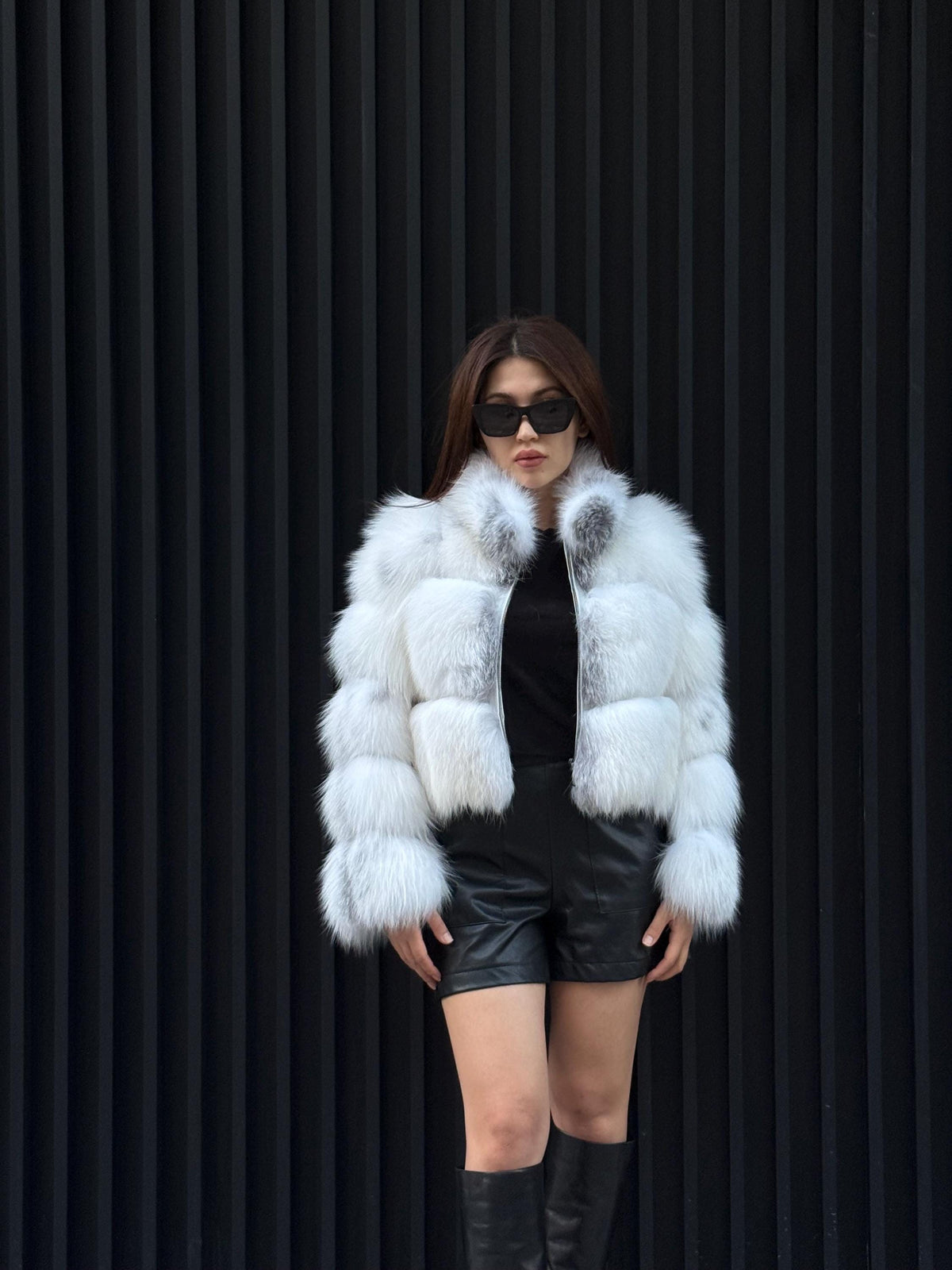 Women’s Arctic Fox Fur Jacket, Handmade Shadow White Fur Coat
