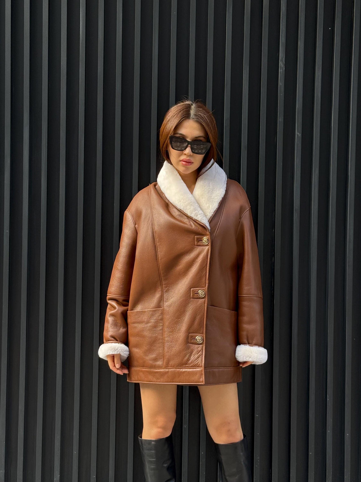 Women’s Whisky Brown Shearling Coat, Handmade Short Lambskin Jacket