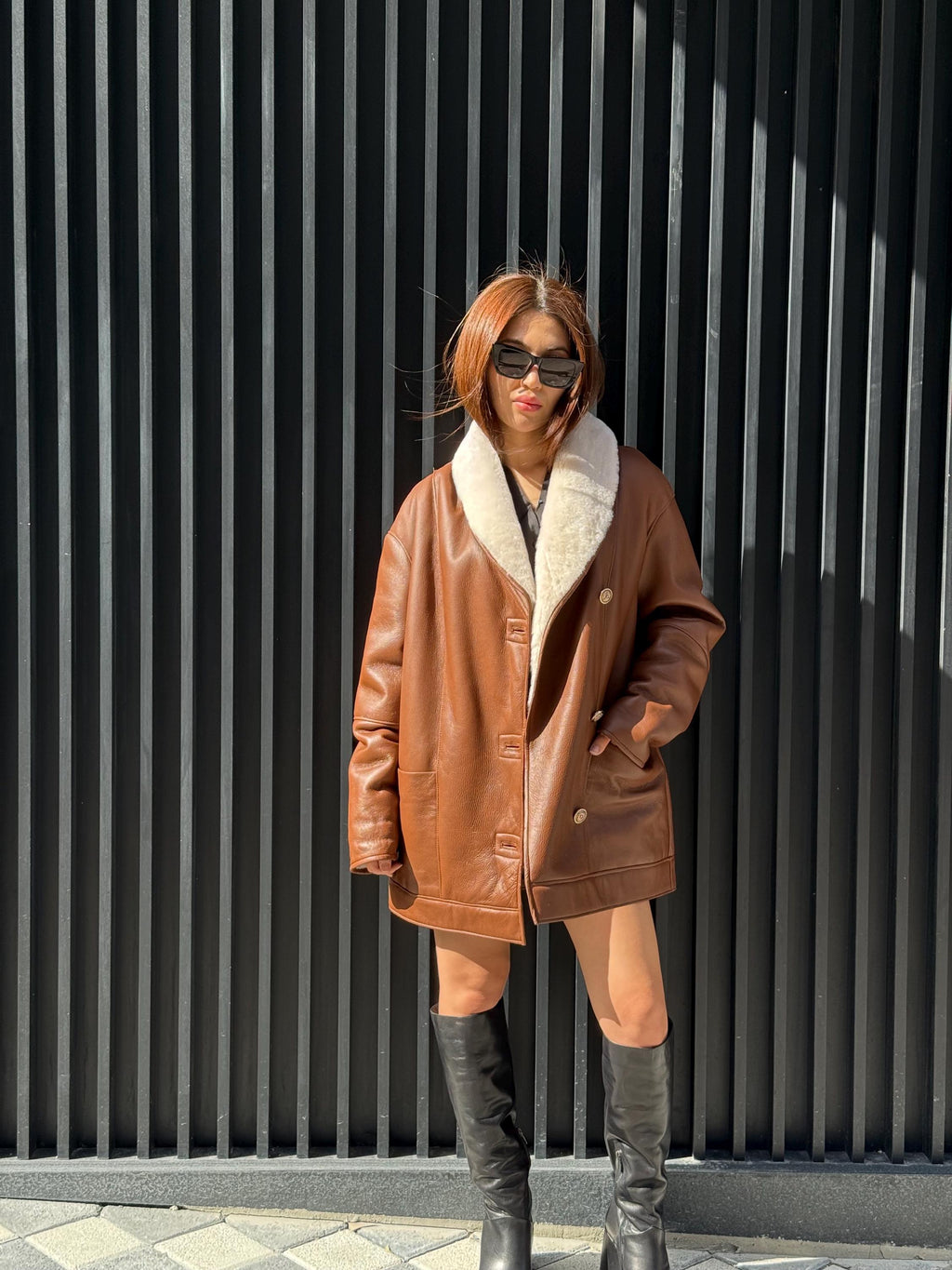 Women’s Whisky Brown Shearling Coat, Handmade Short Lambskin Jacket