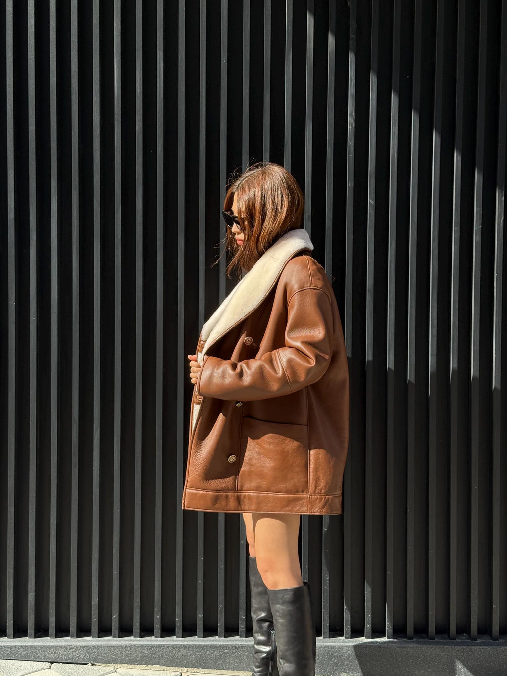 Women’s Whisky Brown Shearling Coat, Handmade Short Lambskin Jacket