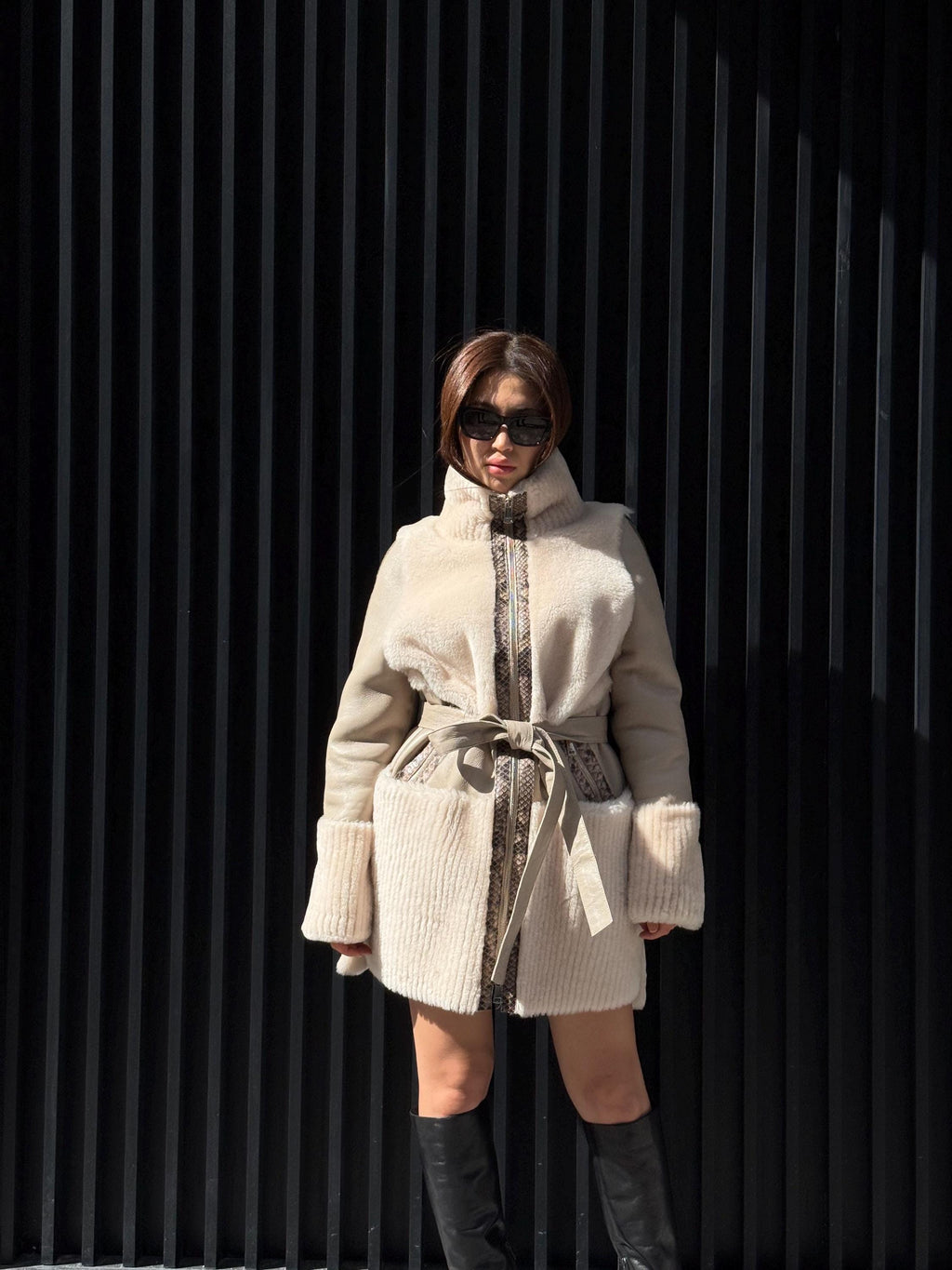 Women’s Beige Shearling Coat, Luxury Lambskin & Mouton Jacket with Python Accents