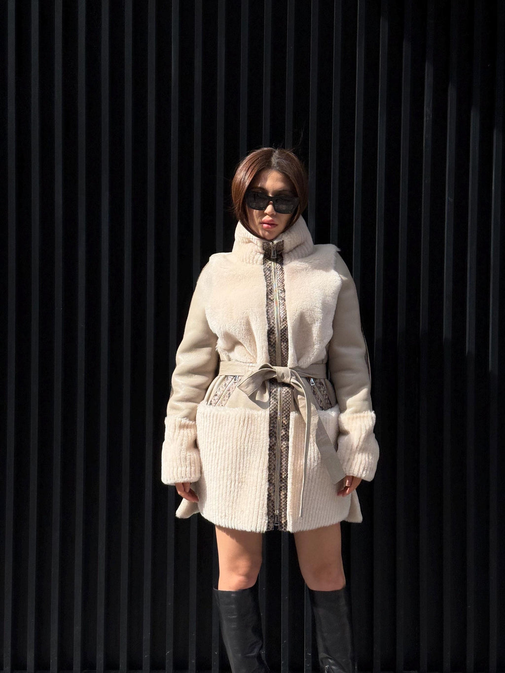 Women’s Beige Shearling Coat, Luxury Lambskin & Mouton Jacket with Python Accents