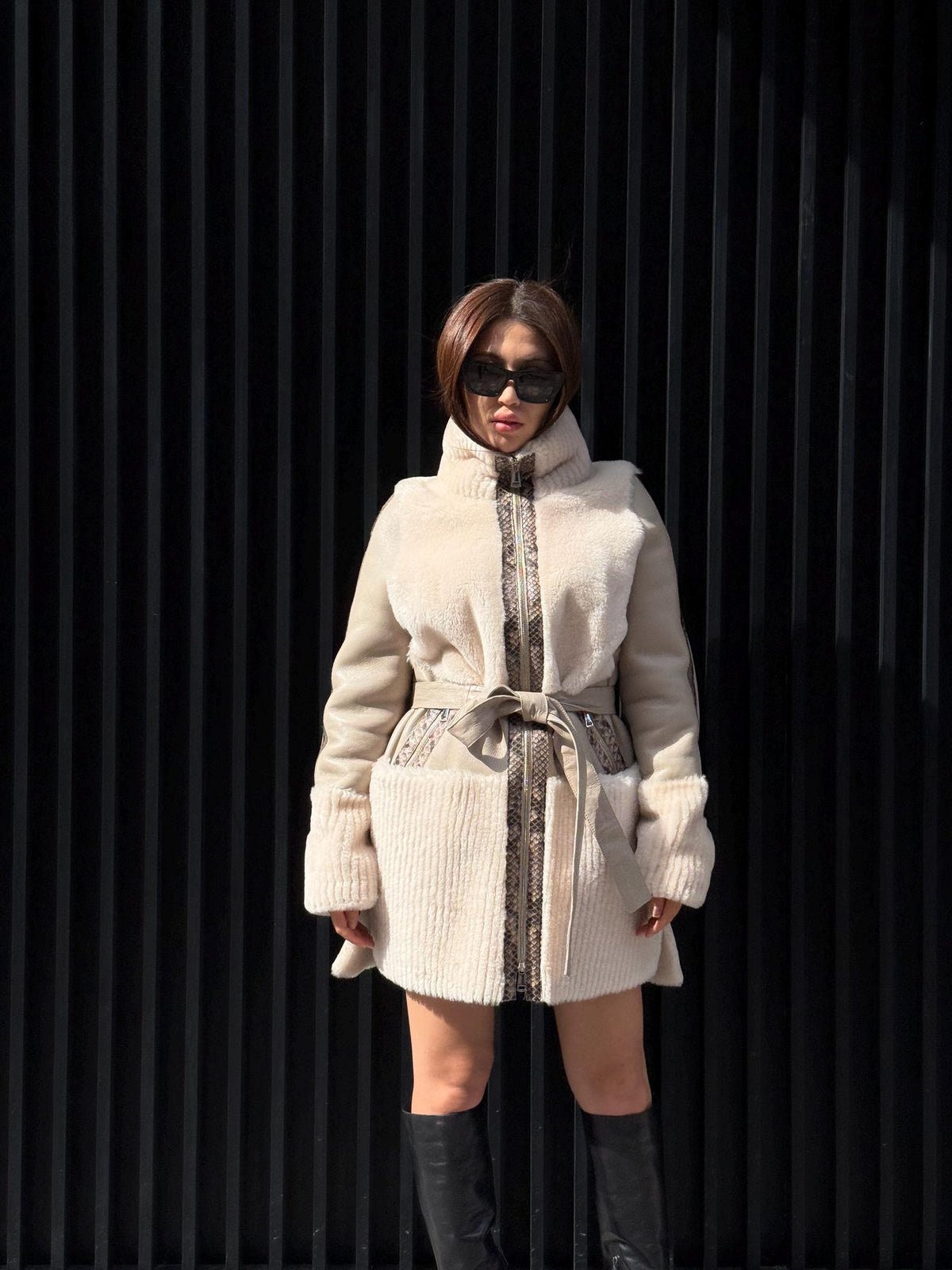 Women’s Beige Shearling Coat, Luxury Lambskin & Mouton Jacket with Python Accents