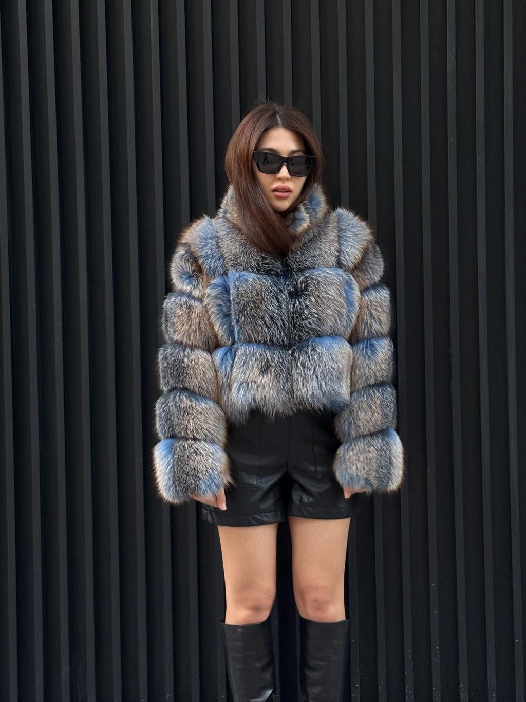 Women’s Fox Fur Jacket: Handmade Dyed Blue With Golden Tips Fur Coat