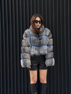 Women’s Fox Fur Jacket: Handmade Dyed Blue With Golden Tips Fur Coat