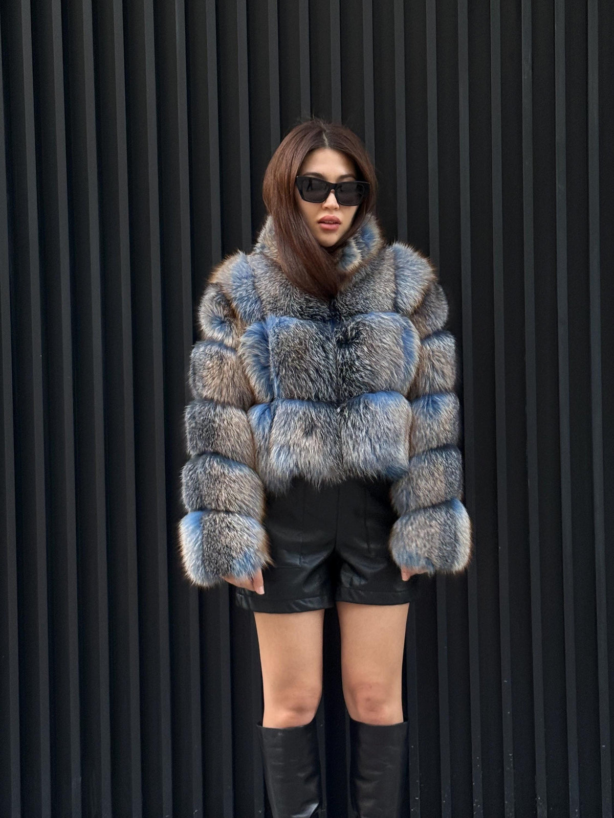 Women’s Fox Fur Jacket: Handmade Dyed Blue With Golden Tips Fur Coat