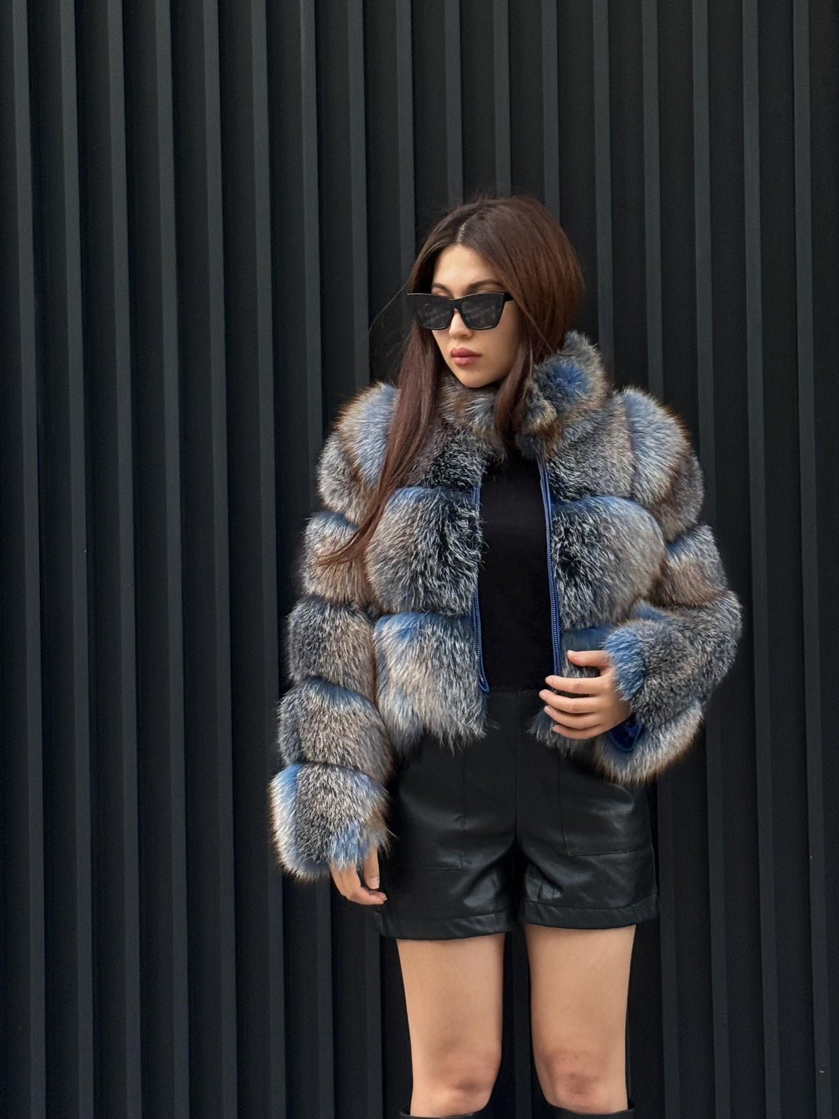 Women’s Fox Fur Jacket: Handmade Dyed Blue With Golden Tips Fur Coat