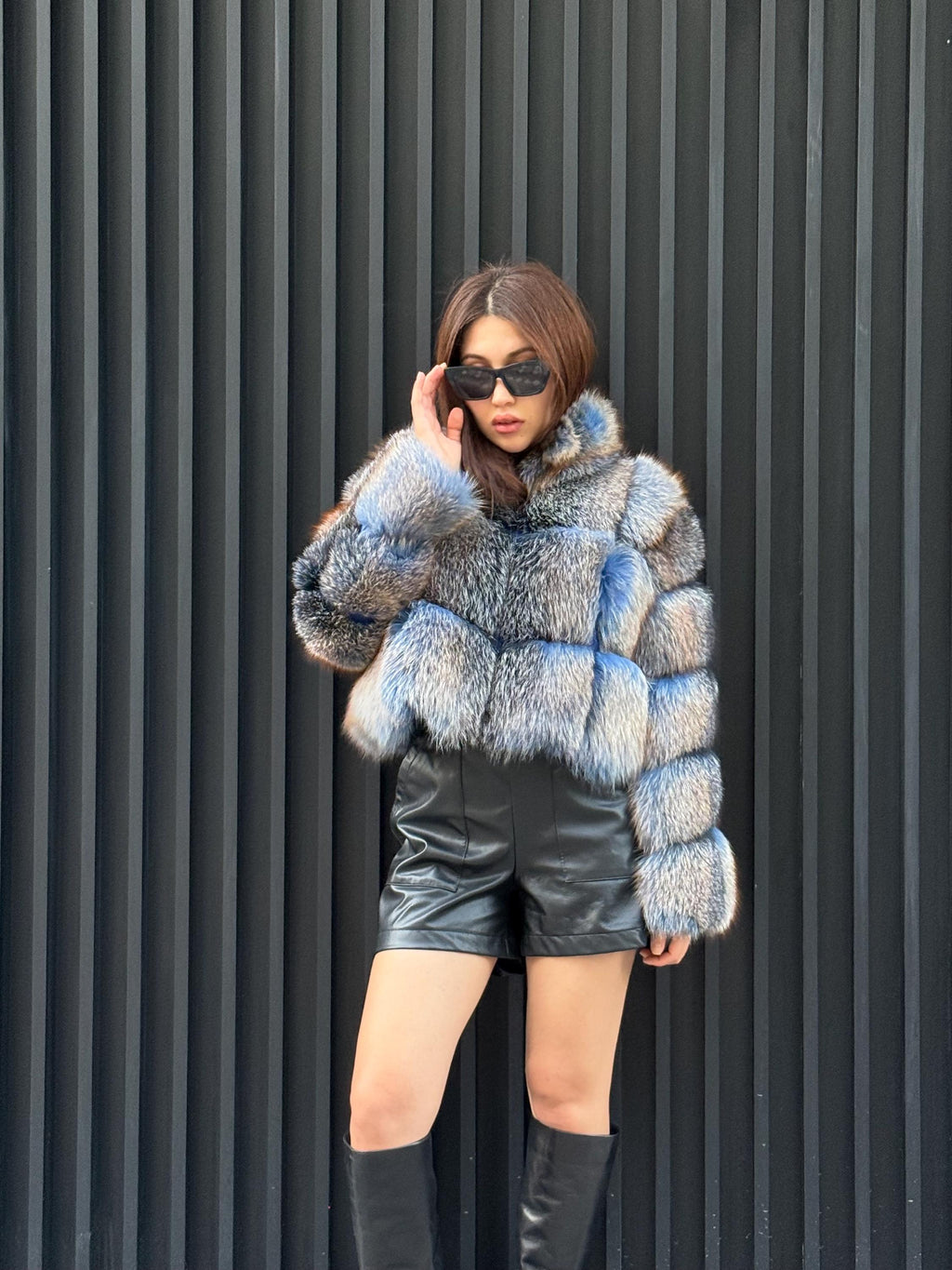 Women’s Fox Fur Jacket: Handmade Dyed Blue With Golden Tips Fur Coat