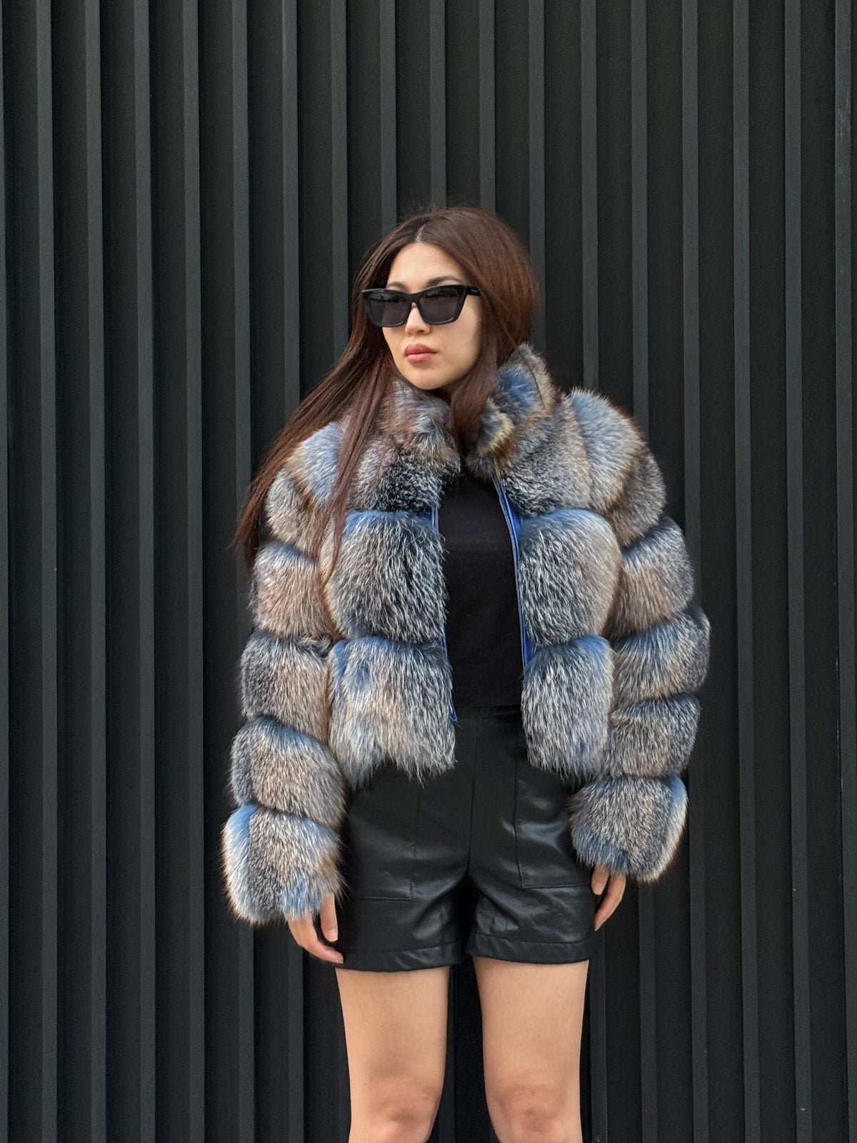 Women’s Fox Fur Jacket: Handmade Dyed Blue With Golden Tips Fur Coat