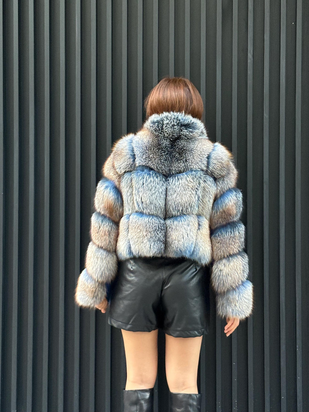 Women’s Fox Fur Jacket: Handmade Dyed Blue With Golden Tips Fur Coat