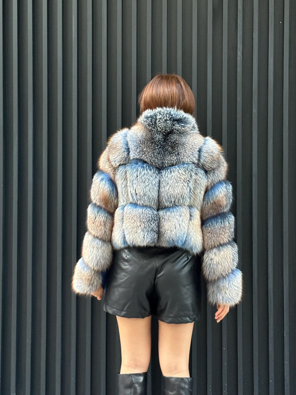Women’s Fox Fur Jacket: Handmade Dyed Blue With Golden Tips Fur Coat