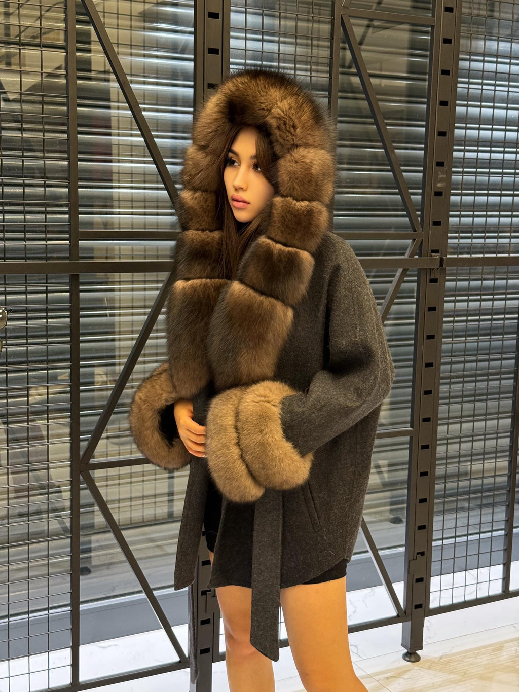 Black Short Alpaca Wool Coat, Women’s Luxury Hood Cuffs - Fox Fur Jacket