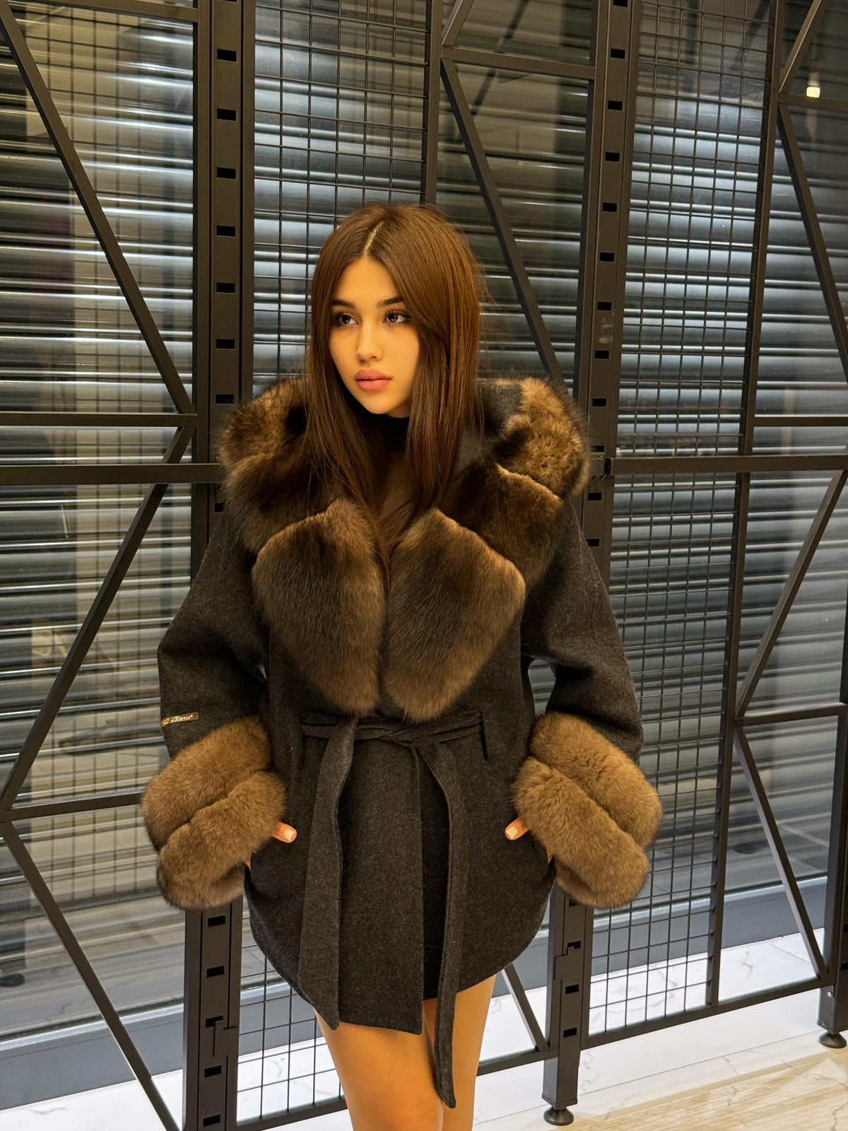 Black Short Alpaca Wool Coat, Women’s Luxury Hood Cuffs - Fox Fur Jacket