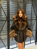 Black Short Alpaca Wool Coat, Women’s Luxury Hood Cuffs - Fox Fur Jacket