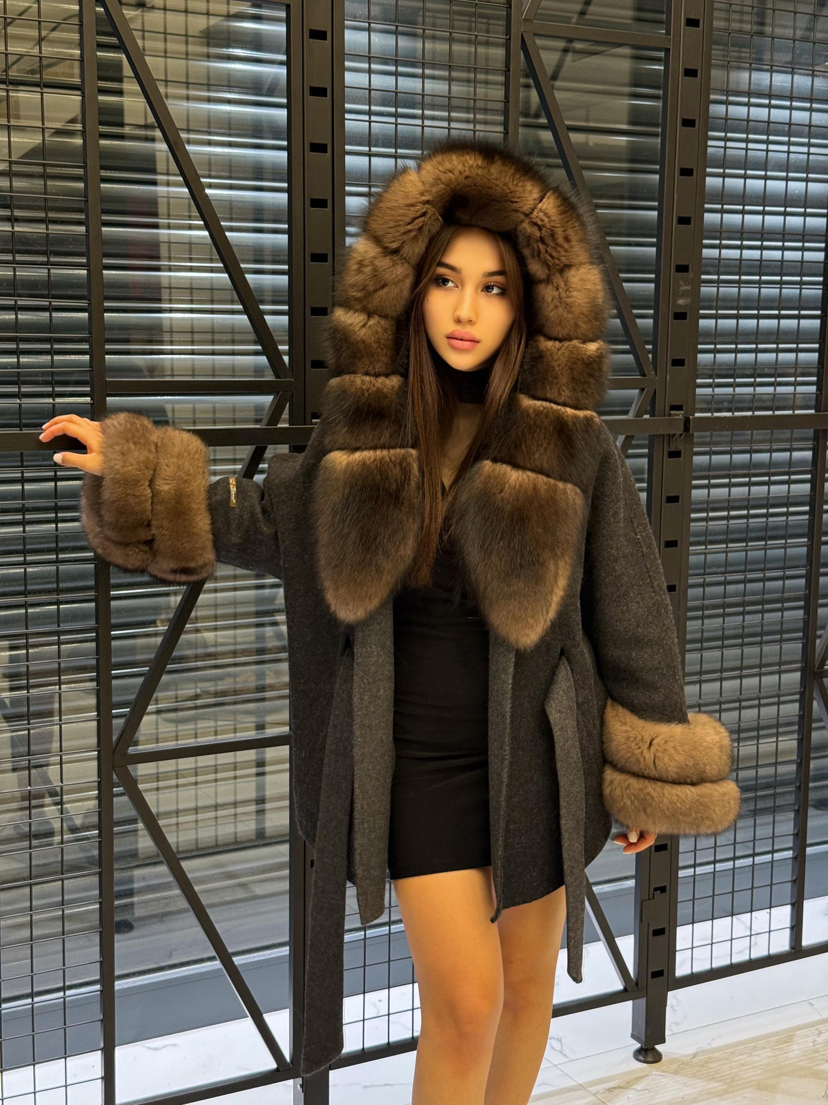 Black Short Alpaca Wool Coat, Women’s Luxury Hood Cuffs - Fox Fur Jacket