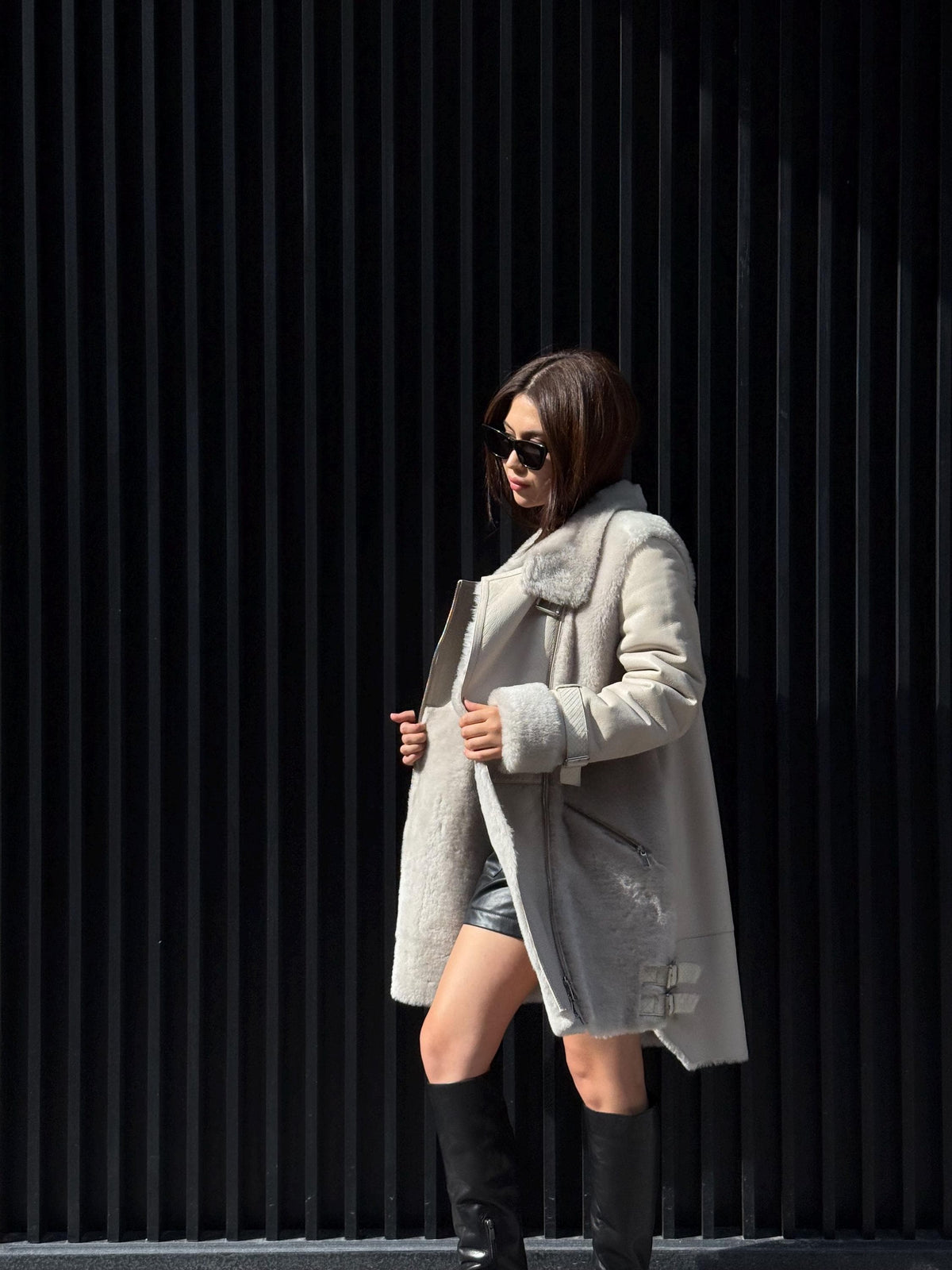 Women’s Beige Shearling Coat, Luxury Lambskin & Mouton Jacket with Python Accents