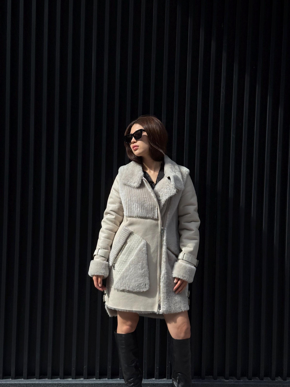 Women’s Beige Shearling Coat, Luxury Lambskin & Mouton Jacket with Python Accents