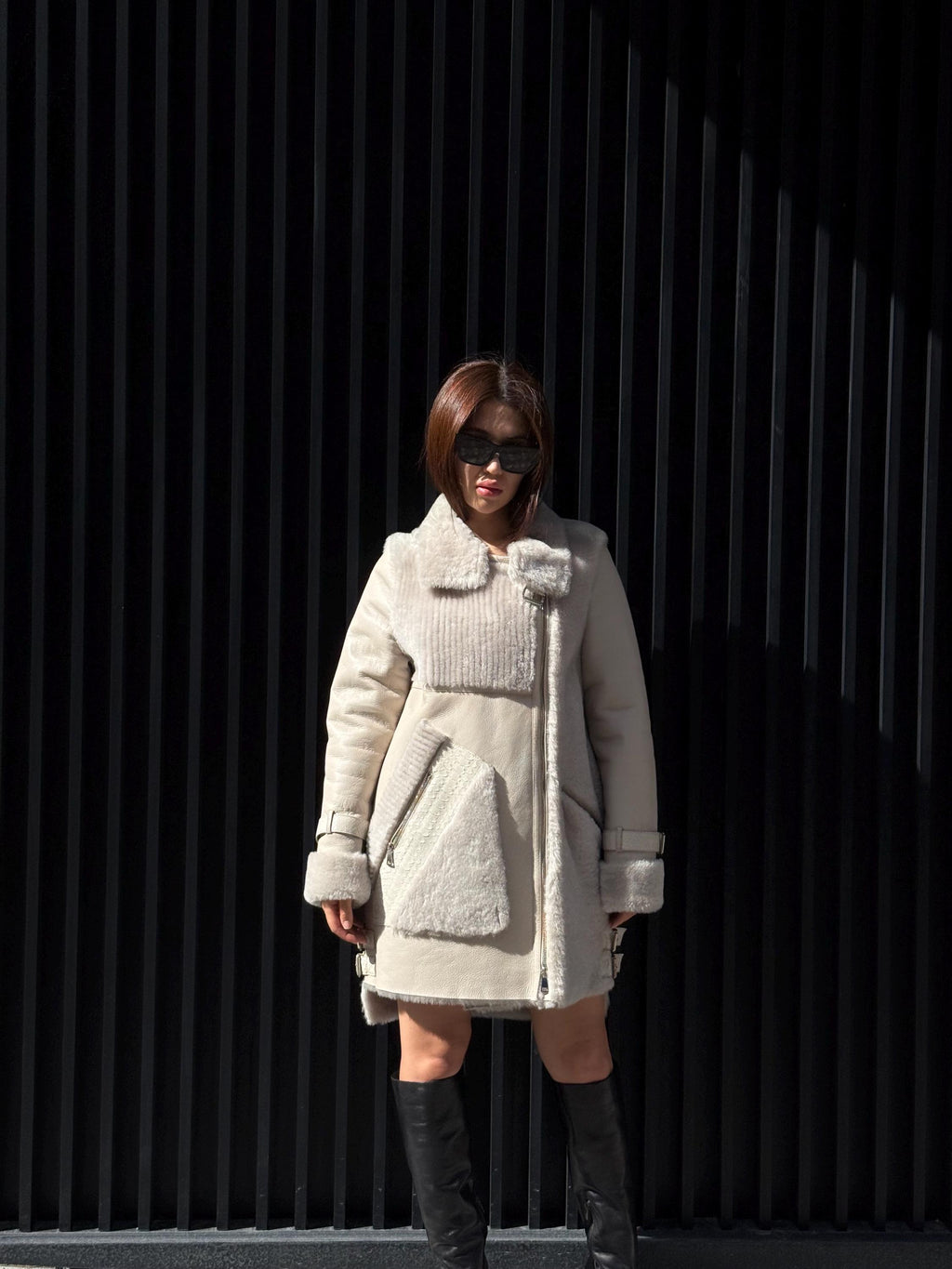 Women’s Beige Shearling Coat, Luxury Lambskin & Mouton Jacket with Python Accents
