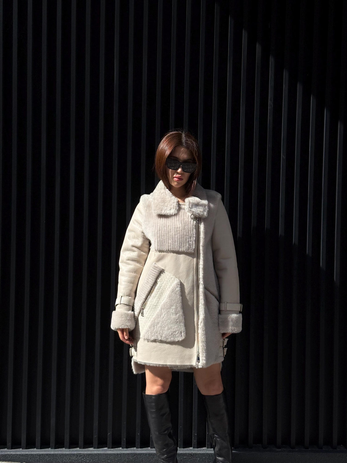 Women’s Beige Shearling Coat, Luxury Lambskin & Mouton Jacket with Python Accents