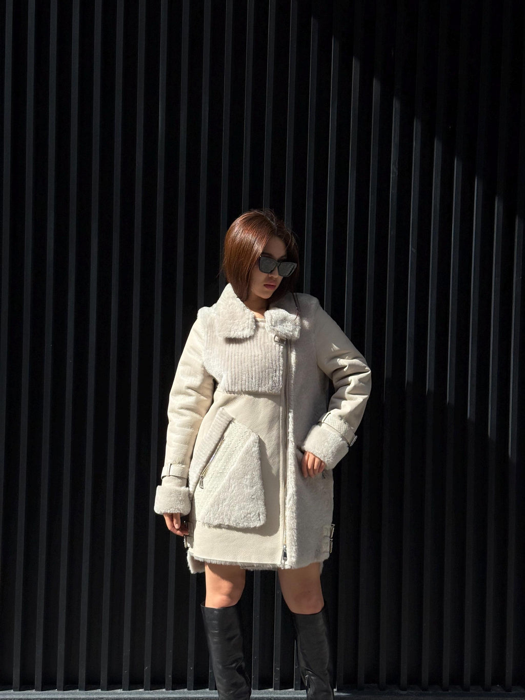 Women’s Beige Shearling Coat, Luxury Lambskin & Mouton Jacket with Python Accents