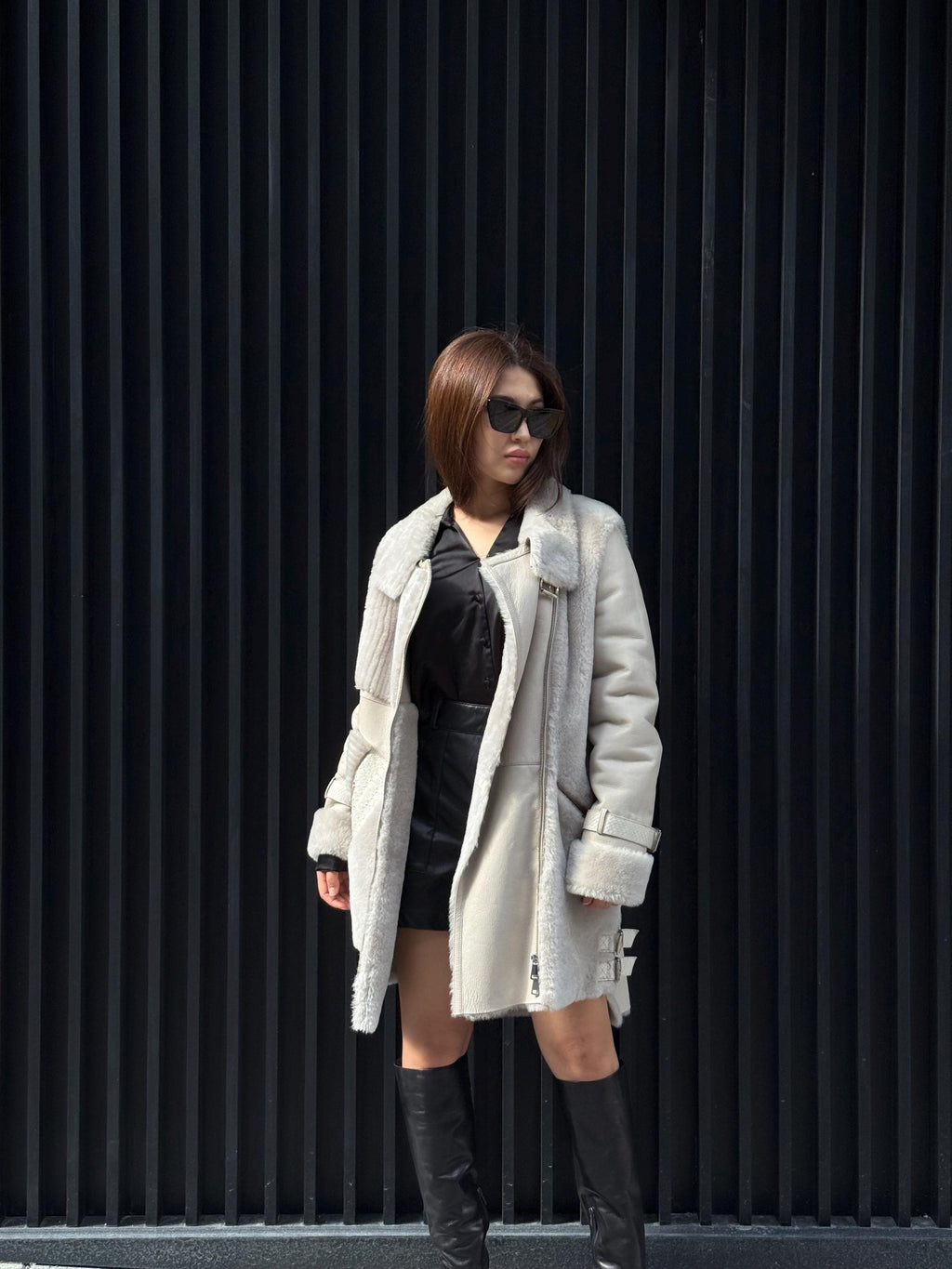 Women’s Beige Shearling Coat, Luxury Lambskin & Mouton Jacket with Python Accents